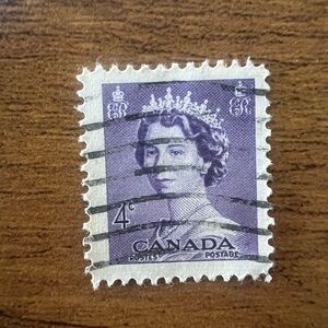 1953 Vintage Canada 4¢ Purple Queen Elizabeth II Stamp